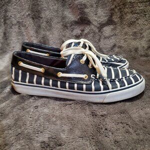 Sperry Top-Slider White Blue Stripe Canvas Deck Boat Shoes Wmn's 9 M